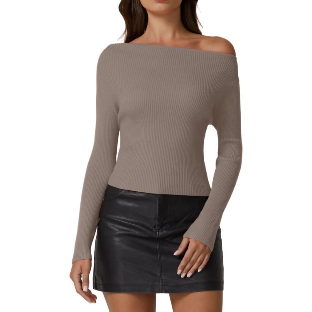 Womens Asymmetrical Neck Sweater Slim Fit Long Sleeve Knit Pullover